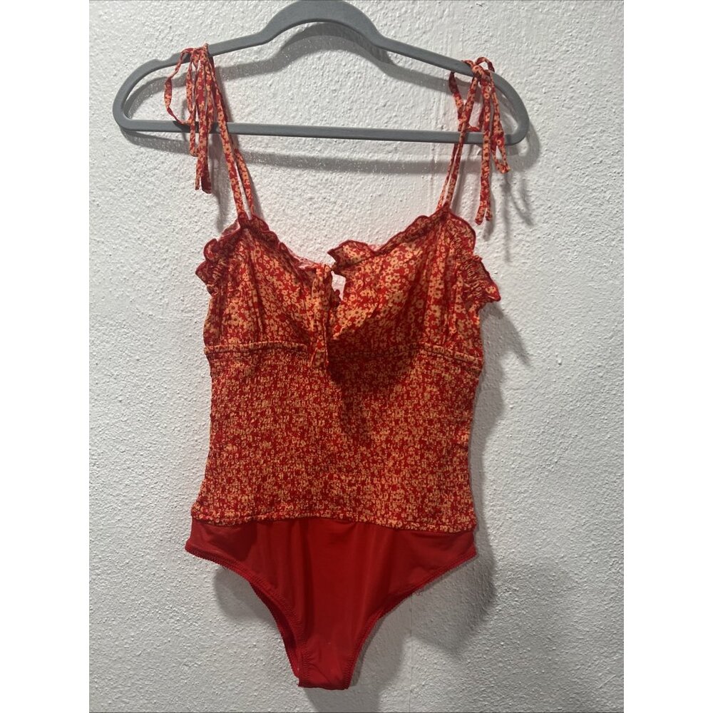 Free People Red Floral Tie-Shoulder Bodysuit